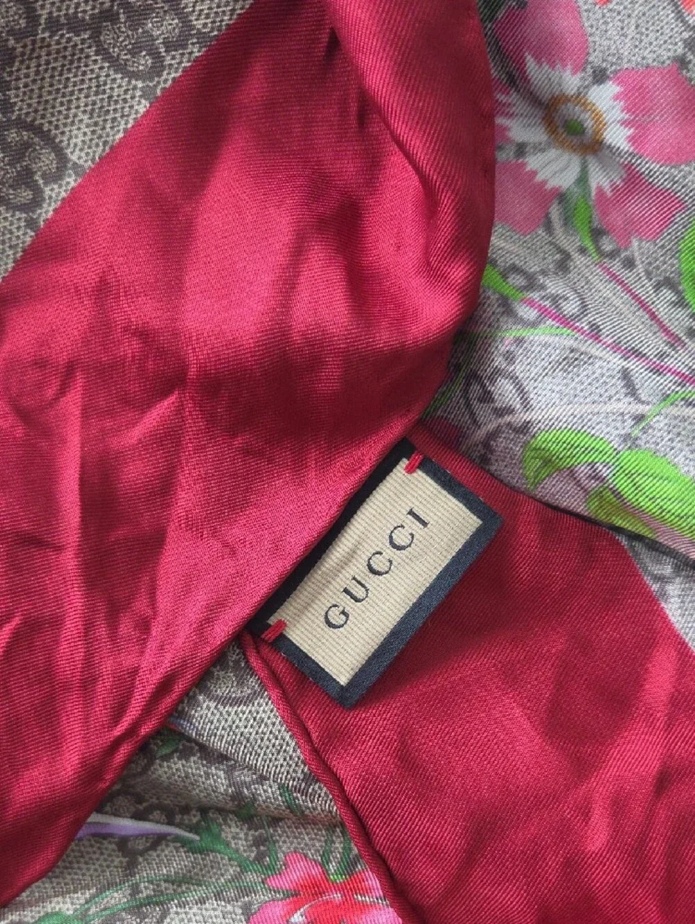 Gucci Brown Monogram Floral Silk Scarf with Red Accent